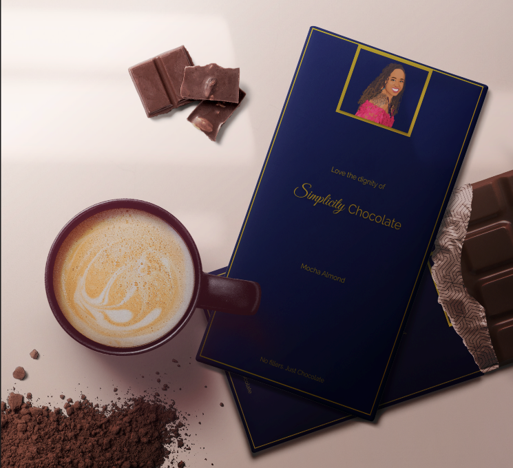 The gift card logo is a picture of two chocolate bars, one fully wrapped and the other peeled back revealing a piece of dark chocolate. In the bottom left corner is small pile of cocoa powder. Directly above the cocoa powder is a mug of coffee latte. At the top of page towards the center are two pieces of milk chocolate with almonds.